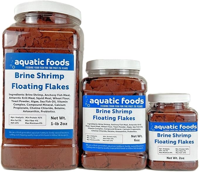 Aquatic Foods Inc. Brine Shrimp Flakes for Freshwater Cichlids, Angels, Live Bearers, Tetras, Guppies, Marine Tangs, Butterflies, Angelfish, Anthias, Clown Fish...WL 2oz Sm Jar