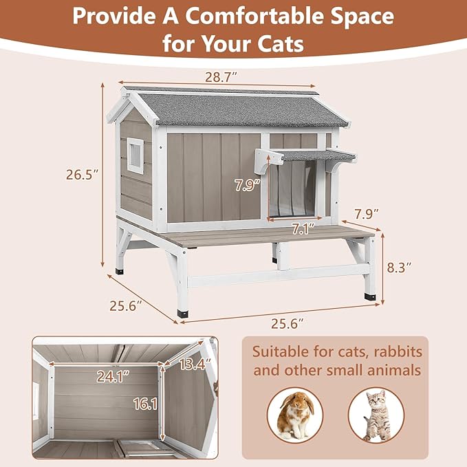 Small Cat House Weatherproof, Wooden Feral Cat House Outdoor with Balcony, Internal Dividers, PVC Curtain Door, Outside Indoor Cats Shelter with Elevated Feet, Openable Roof, Grey