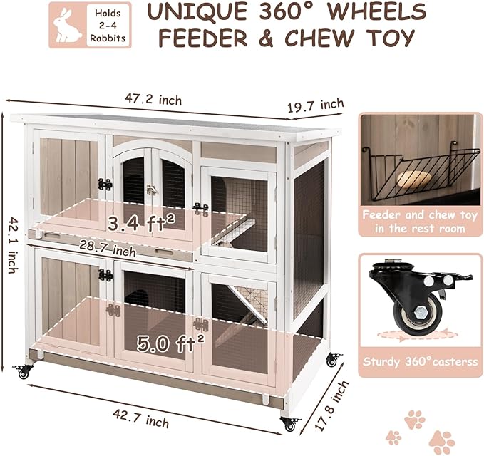 PetsCosset 42.7" L Rabbit Hutch Indoor Outdoor 2-Story Rabbit Cage with 4 Wheels,Guinea Pig Cage Bunny Hutch with 2 Pull Out Trays,Bunny Cage with Asphalt Roof for Small to Medium Animals