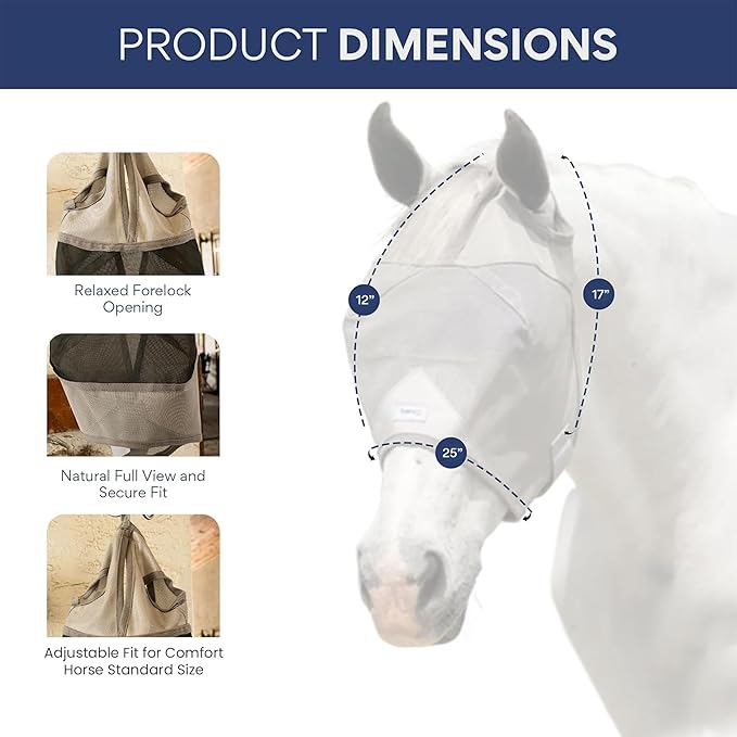 Horse Fly Mask Without Ears - 95% UV Eye Protection - Built-in Visor - Breathable, Lightweight Mask - Adjustable Fit for Horses Medium/Large Size