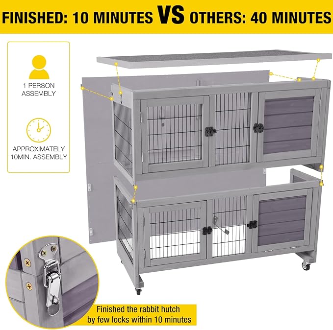 Aivituvin Rabbit Hutch Indoor Folding Bunny Cage on Wheels Outdoor Movable Guinea Pig Houses with No Leakage Pull Out Tray