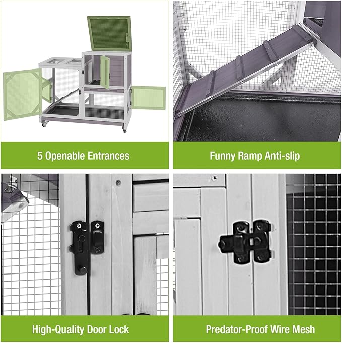Gutinneen 2-Story Rabbit Hutch Indoor Bunny cage Outdoor Wooden Rabbit Cage House with Chew-Proof Ramp, 2 Leak-Proof Trays, 4 Lockable Wheels for Rabbits, Guinea Pigs, 39.3”L×22”W×36.8”H (Grey)