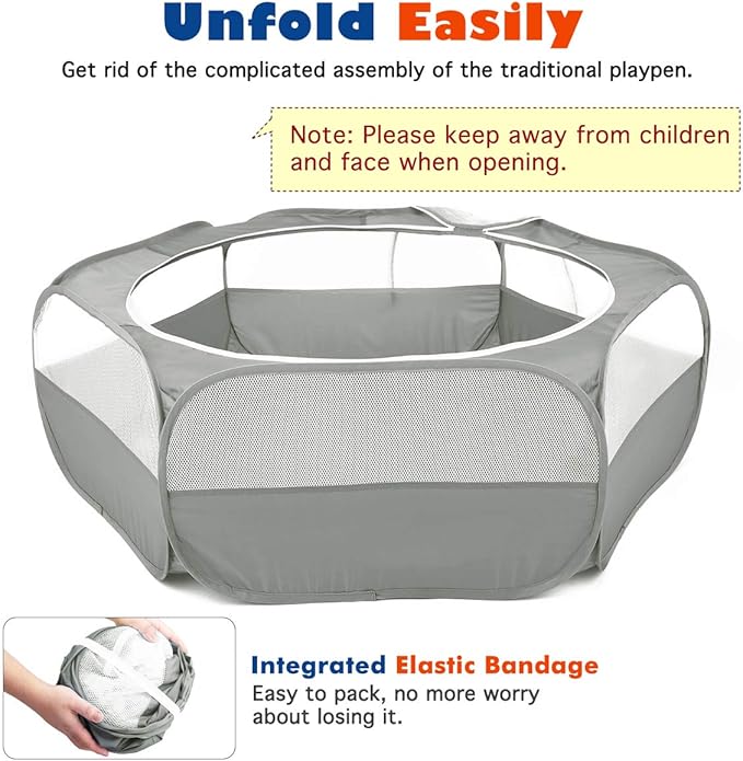 Small Animals Playpen, Waterproof Breathable Indoor Pet Cage Tent with Zipper Cover, Portable Outdoor Exercise Yard Fence for Kitten Hamster Bunny Squirrel Guinea Pig Hedgehog, Gray