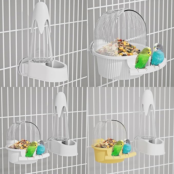 No Mess Bird Feeder Water Dispenser Set, Automatic Hydration, Bird Cage Accessories for Cockatiels Parrots Lovebirds Canarys Finches Budgies and Other Small to Medium Sized Birds (Yellow + White)