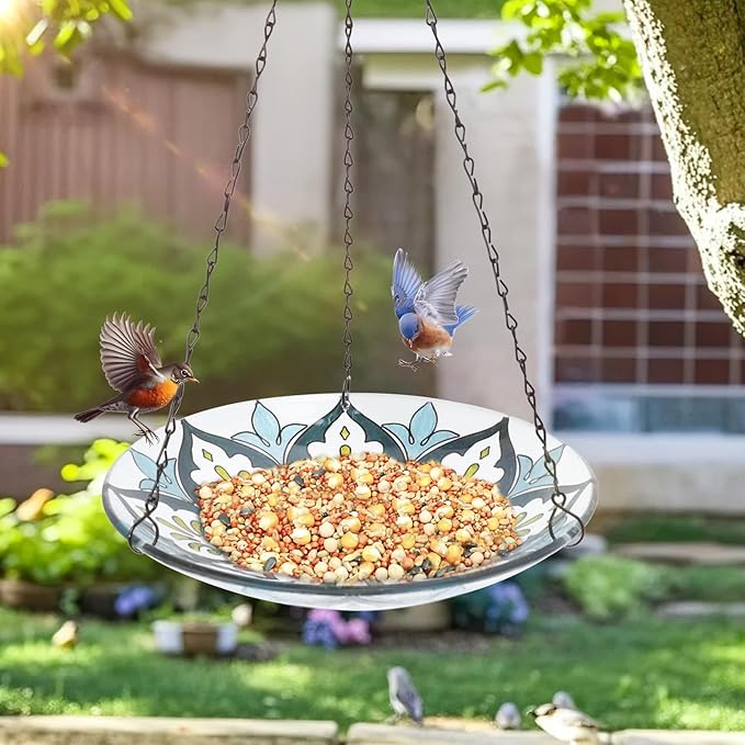 MUMTOP Hanging Bird Baths for Outdoors - Glass Bird Bath, 11 Inch Hanging Bird Bath Bird Feeder Bowl for Outside, Garden, Lawn Yard Decor (Green Kaleidoscope)