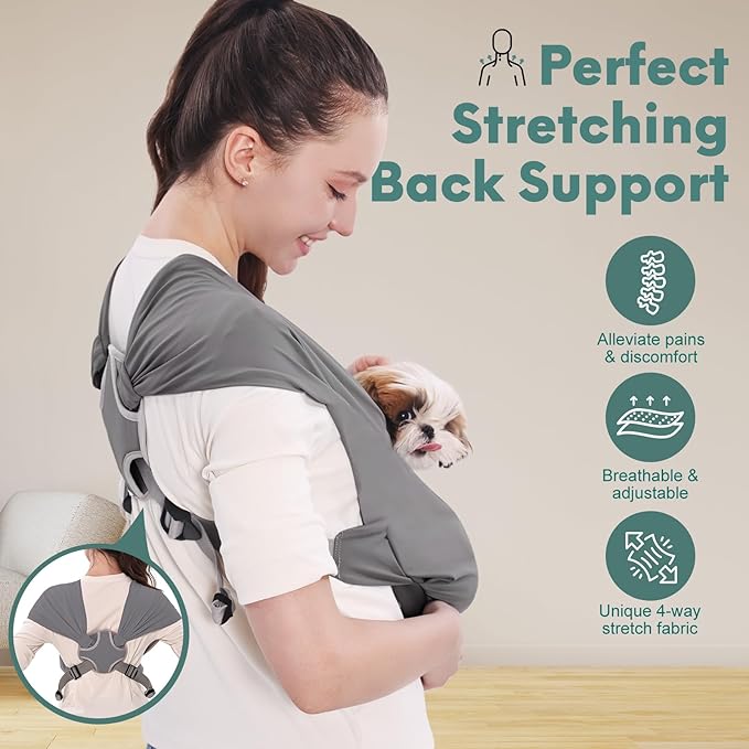 Supet Dog Sling Carrier for Small Pets, Hands Free Cat Sling, Reducing Back Neck Pain Anti-Anxiety Puppy Front, Adjustable Soft Dog Carrying (Grey, Regular)