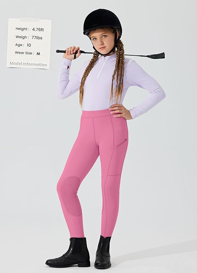 Willit Girls Horse Riding Pants Tights Kids Equestrian Breeches Knee-Patch Youth Schooling Tights Zipper Pockets