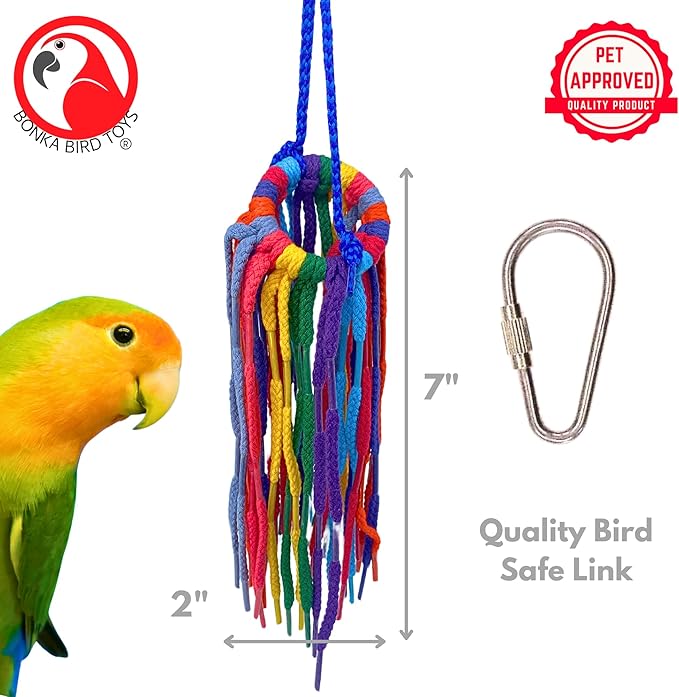Bonka Bird Toys 51214 Small Aglet Heaven Cotton Shoelace Toy with Plastic Aglets and 2" Ring for Parakeets Cockatiels Quakers Pionus Small Bird Enrichment