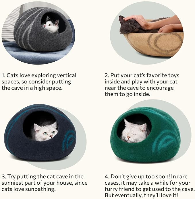 MEOWFIA Cat Cave – Premium Felt Cat Bed for Indoor Cats, Handmade 100% Merino Wool (Light Grey, Medium)