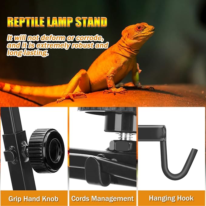 Reptile Domes Stand, Adjustable 16-27 Inch Heat Lamp Stand Fixture for Terrarium, Metal Black Basking Lamp Holder