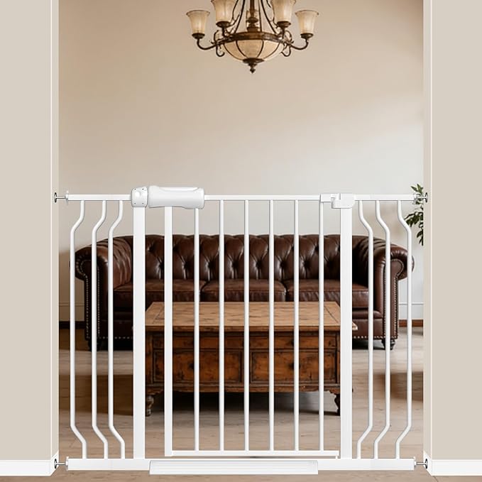 WAOWAO Baby Gate 29.13-43.3" Extra Wide Pressure Mounted Walk Through Swing Auto Close Safety White Metal Toddler Kids Child Dog Pet Puppy for Stairs,Doorways,Kitchen