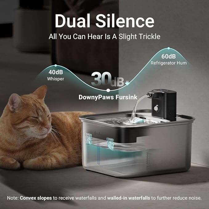 DownyPaws Cat Water Fountain Stainless Steel Wireless, 101 oz/3L FurSink Cordless Water Fountain for Cats, Battery Operated Cat Fountains for Drinking with Motion Sensor, Easy Clean, Metal & 6 Filters