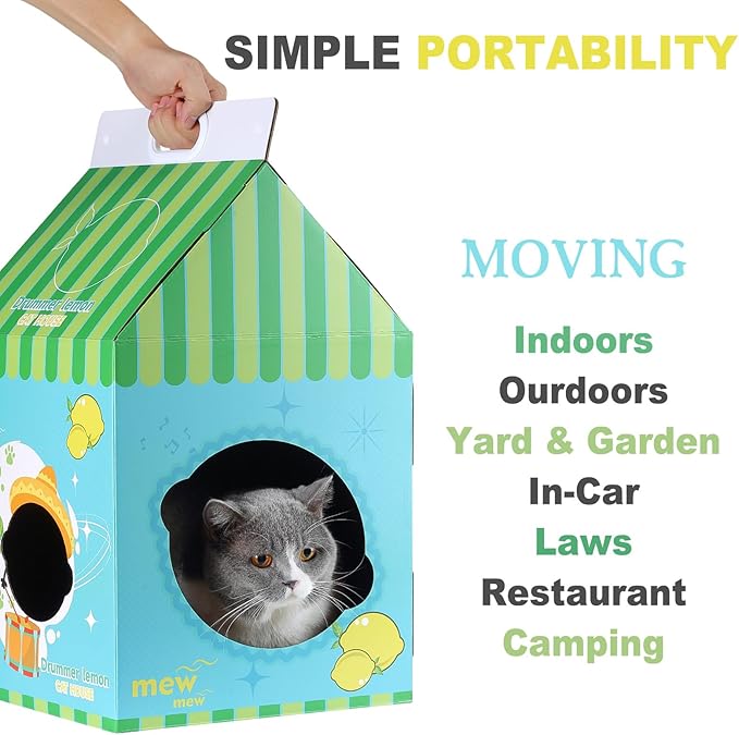 Cardboard Cat House with Scratcher - Blue Lemon Carton Milk Box -13''L x 13''W x 22.5''H for Cats up to 16 Lbs - Portable Handle for Easy Transportation - Indoor Cat Playhouse & Hideaway