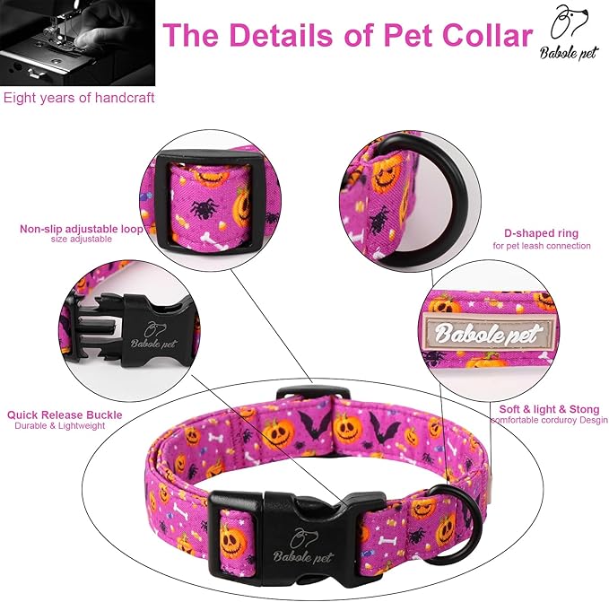 Halloween Dog Collar, Cute Pumpkin Bat Pattern Halloween Purple Puppy Collar, Soft Adjustable Cotton Dog Collars for Small Medium Large Boy&Girl Dogs S