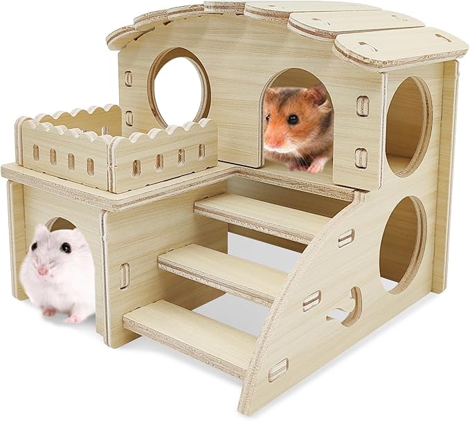 Hamiledyi Wooden Hamster Hideout Maze Small Animal Activity Toy Hamster House and Habitat Wooden Hut with Ladder for Dwarf Hamsters Small Gerbils Tiny Mice and Other Similar Sized Animals