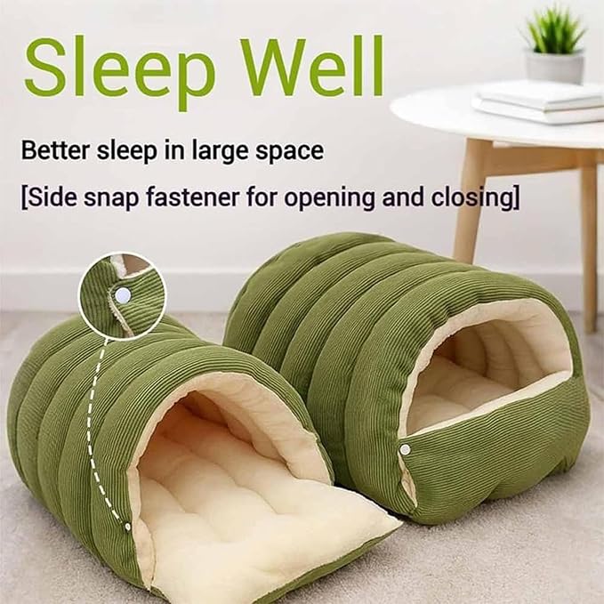 Expectation Cat Bed, Removable and Washable Winter Closed-Off Cat Bed, Soft Fluffy Warm Autumn/Winter Cats House, Washable Non-Slip Pet Sleeping Bag for Indoor Cats Small Dogs (Green,Large)