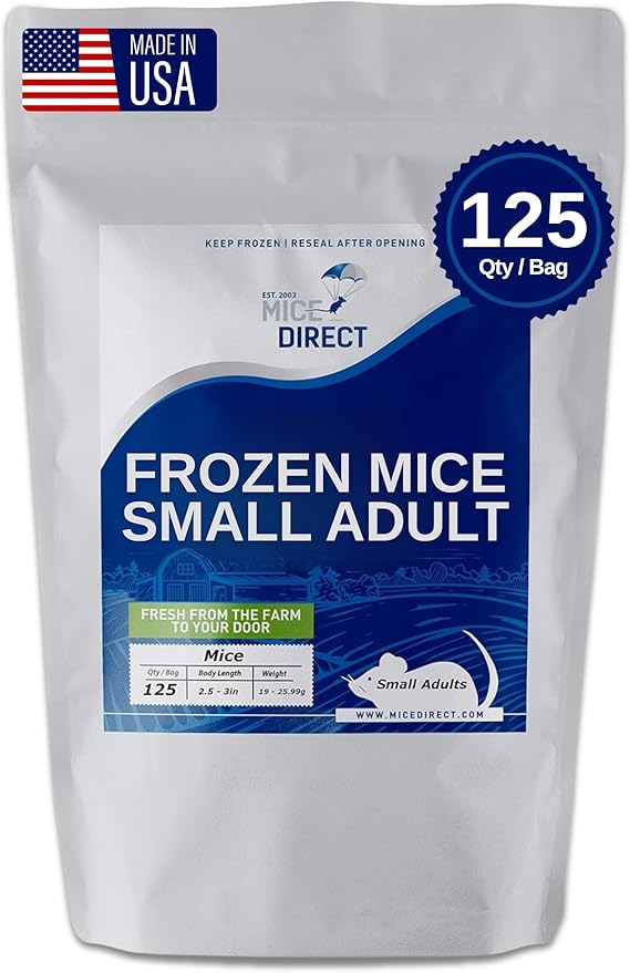 MiceDirect EST. 2003 125 Frozen Mice Small Adult Feeders Snake Food for Juvenile Red Tail Boas Ball Pythons Adult Sand Boas Milks Corn (2.5-3 in) (2375 Grams Min)
