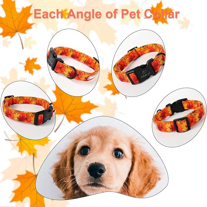 Fall Dog Collar, Gold Maple Leaves Pattern Fall Thansgiving Puppy Collar, Soft Adjustable Cotton Holiday Dog Collars for Small Medium Large Boy&Girl Dogs S