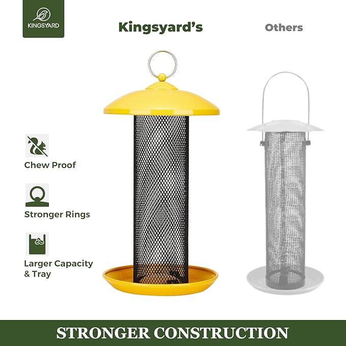Kingsyard 2 Pack Finch Feeders for Outdoors Hanging, Metal Mesh Tube Bird Feeder for Nyjer/Thistle Seed, 2.5 lbs Large Capacity (Yellow)