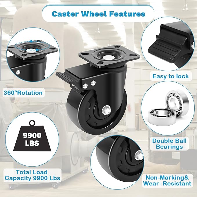 Nefish 5 Inch Heavy Duty Casters Set of 4, Industrial Grade Casters 9900 lbs, Low Gravity Plate Swivel Caster with Brake, Durable & Corrosion-Resistant Nylon Wheels for Industrial, Equipment, Machine