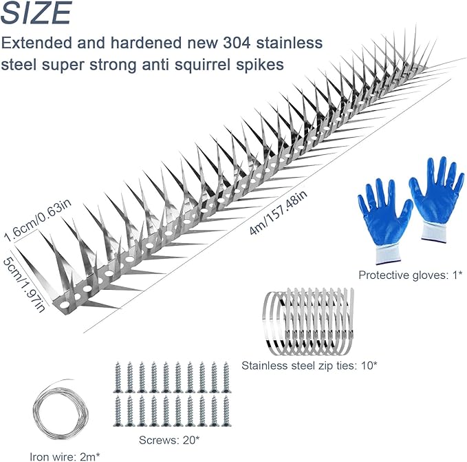 Bird Spikes,158inch Stainless Steel Bird Deterrent Spikes,Raccoon and Snake Deterrent,Squirrel Baffles for Bird Feeders,Pigeon Spikes for Outside,Anti climb spikes Garden Fences and Fruit Trees