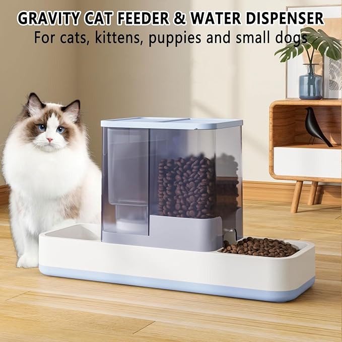 kathson Gravity Cat Food and Water Dispenser Automatic Dog Feeder Waterer 2 in 1 Auto Pet Food and Water Bowl Set Self Feeding for Puppy Kitten，Blue