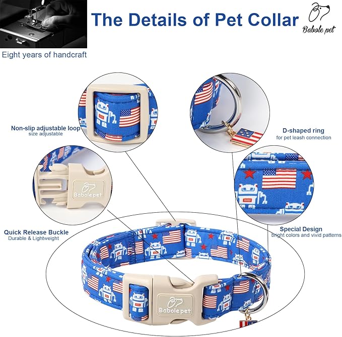 4th of July Dog Collar, Robot Star-Spangled Patriotic Dog Collars for Giant Large Dogs, Adjustable Lightweight Quick-Release Buckle Collar for Boy&Girl Dogs XL