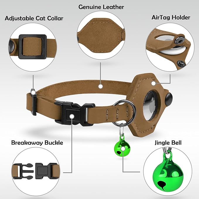 Breakaway Airtag Cat Collar with Removable Bell - Leather Pet Collar with Apple Air Tag Holder - Adjustable GPS Collars for Girl Boy Cats Kitten Puppy - Lightweight, Cute and Comfortable (Brown)