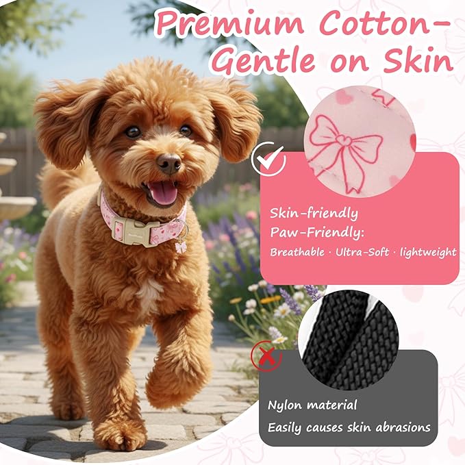 Pink Bow Dog Collar, Adjustable Cotton Dog Collar for Small Medium Large Dogs, Cute Puppy Collars for Girl Female Dogs, Ideal for Gifts,Pet Accessory,L