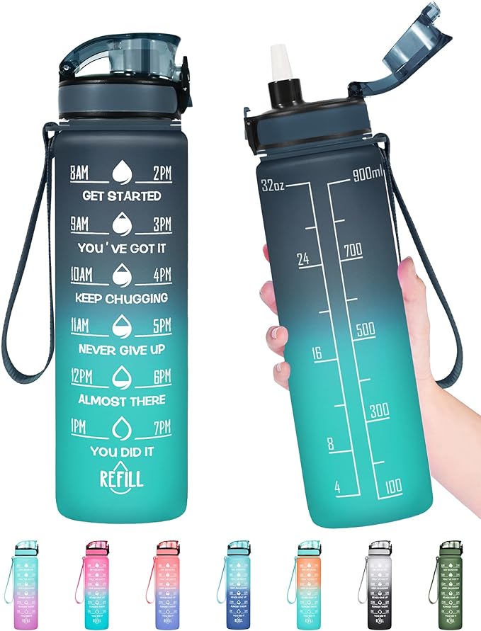 Enerbone Water Bottle, Leakproof BPA & Toxic Free, Motivational Water Bottle with Times to Drink and Straw, Fitness Sports Water Bottle with Strap for Office, Gym, Outdoor Sports