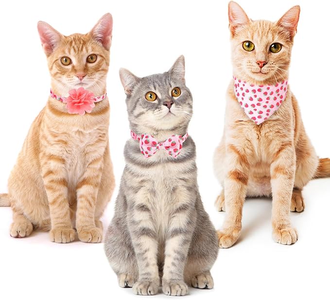 Breakaway Cat Collars with Bell & Cute Pendants - 3 Pack Adjustable Safety Kitten Collars - Decoration for Girl Boy Cats Puppy and Small Pets (Style C - Strawberry)
