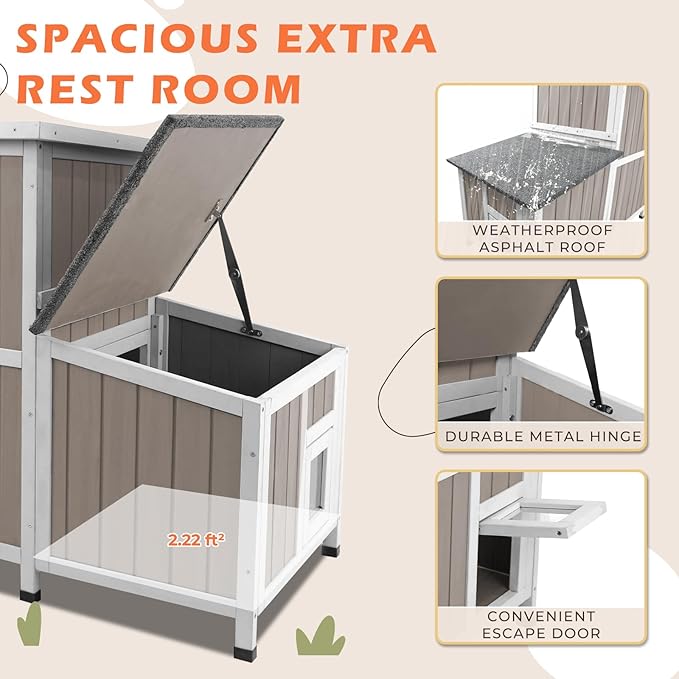36.1" L Outdoor Cat House,2 Story Wooden Outdoor Cat Shelter with 3 Escape Doors,Weatherproof Fir Wood Feral Cat House with 2 Big Rest Rooms & Openable Asphalt Roof for 2-3 Cats