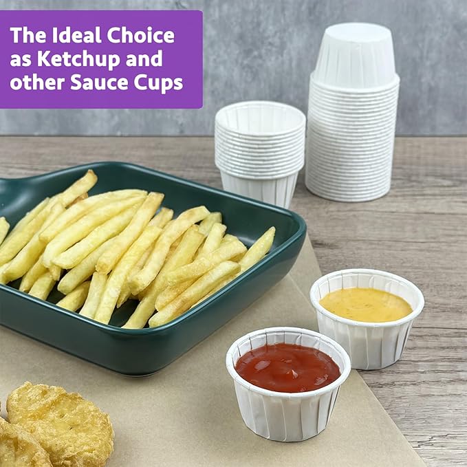 CAMKYDE 200 pcs White Paper 1 oz Leak-Proof Disposable Ketchup Cups - Perfect for Parties, Birthdays, and More (Pack of 200)