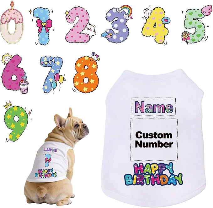Custom Dog Birthday Shirt,Personalized Pet Apparel Print with Name Age Number,Pet Birthday Outfit,Lightweight Breathable Cotton Vest for Small Medium Large Dogs Cat (White, XX-Large)