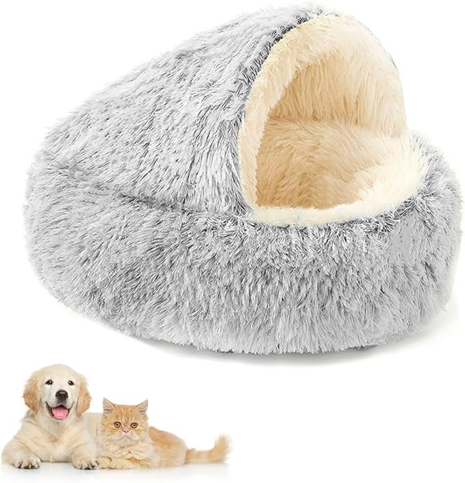 Plush Fluffy Dog and Cats Round Bed – Ultra-Soft Faux Fur Pet Shell Nest with Raised Bolster Edge, Self-Warming Calming Nest for Small to Large Pets (Gray, X Large（31.5“/<75lbs)