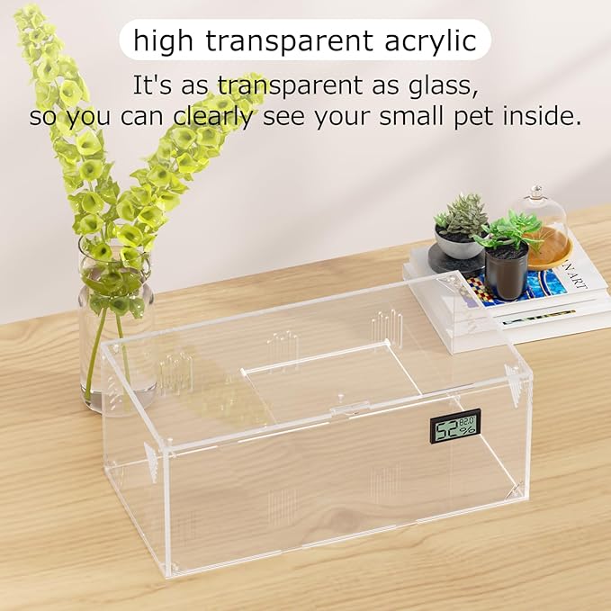 Acrylic Tarantula Enclosure, Reptile Terrarium Breeding Tank w/Temperature Hygrometer,Habitat Reptiles Feeding Box Isopod Terrarium Cage for Insect Lizard Home Office (Reptile-Tank-S(No Tray))