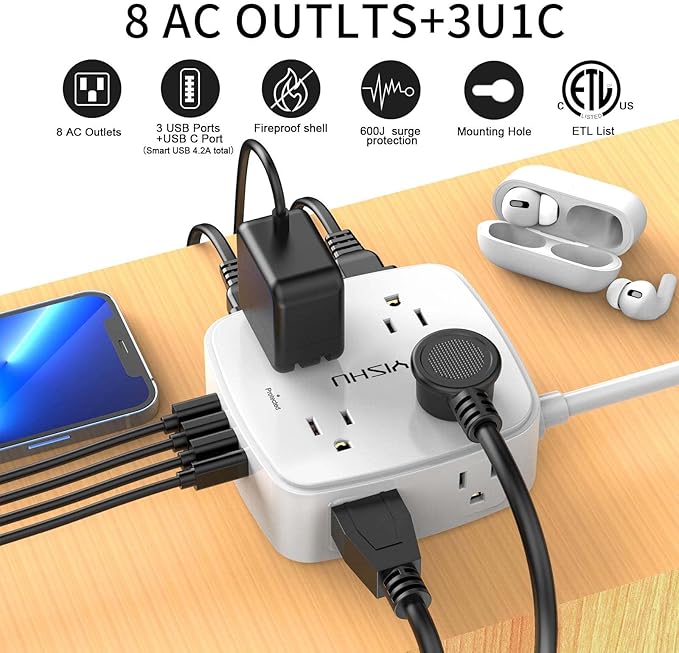 6 Ft Surge Protector Power Strip - 8 Widely Outlets with 4 USB Ports, 3 Side Outlet Extender with 6 Feet Extension Cord, Flat Plug, Wall Mount, Desk USB Charging Station, ETL,White
