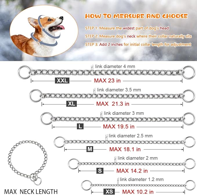 TagME Chain Choke Collar for Dogs, Adjustable Weather Proof Necklace for Small Dogs, Alloy Steel Pet Training Collar