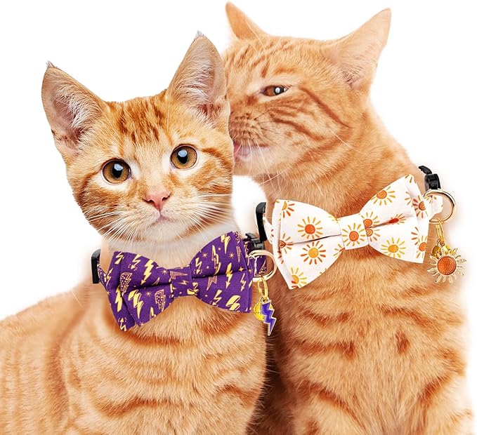 2 Pack Breakaway Cat Collar with Removable Bow Tie and Bell for Boy Girl Cats,Cute Cotton Kitten Collar with Purple Lavender and Red Flower Pattern for Female Male Cats (Lightning&Sun)