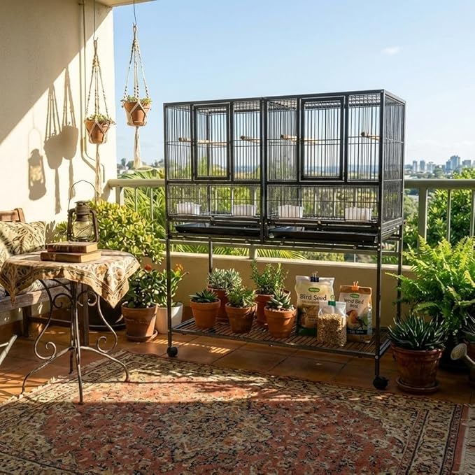 43 Inch Bird Cage with Wooden Perches, Standing Wrought Iron Birdcage with Wheels, Large Parrot Cage Bird Cages with Slide-Out Tray Water Bottle Feeder for Parakeets,Cockatiel, Canary,Pigeons