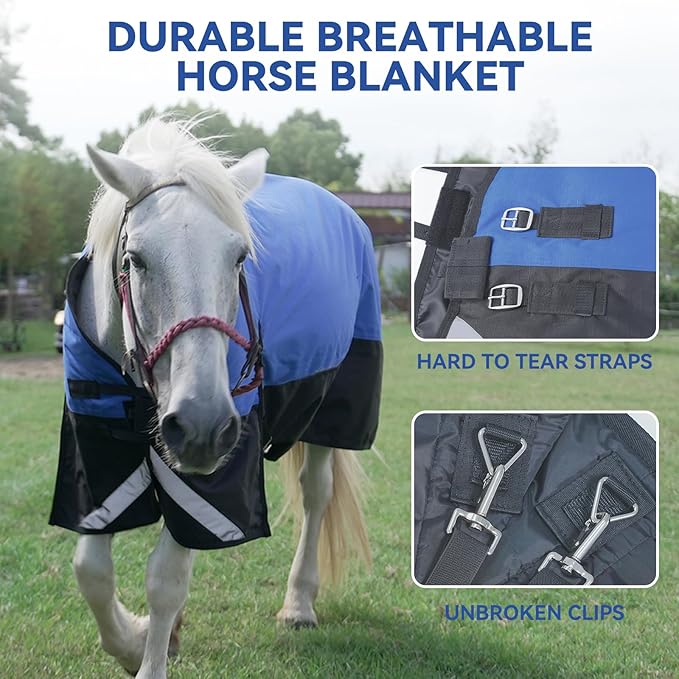 48” Winter Horse Blanket, 1200D Waterproof Poly Horse Turnout Blanket, Durable Tear-Resistant Thick Horse Blanket with Snuggit 220G Filling, Breathable Warmth Turnout Blankets for Horse