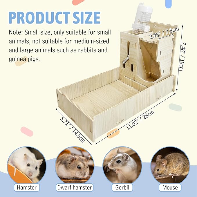 Hamiledyi 3 in 1 Wooden Hamster Feeder Dispenser Hanging Dwarf Hamster Food Bowl & Water Bottle with Removable Litter Box Small Animal Feeder for Hamsters Mouse Gerbil (11" x 5.7" x 7.5")