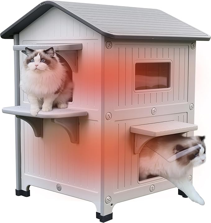 Rockever Plastic Insulated Outdoor Cat House with Escape Door, 2 Story Waterproof Cat House for Outdoor Cats for Feral Cats, Elevated Outside Cat Shelter, Clean and Assemble Easily