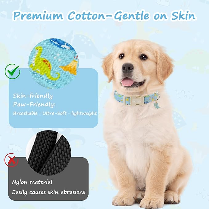 Dinosaur Dog Collar for Large Dogs, Cute Puppy Collars with Quick Release Buckle, Cotton Dog Collars for Small Medium Large Dogs, Fashion Pet Collar for Girl Boy Dog-L