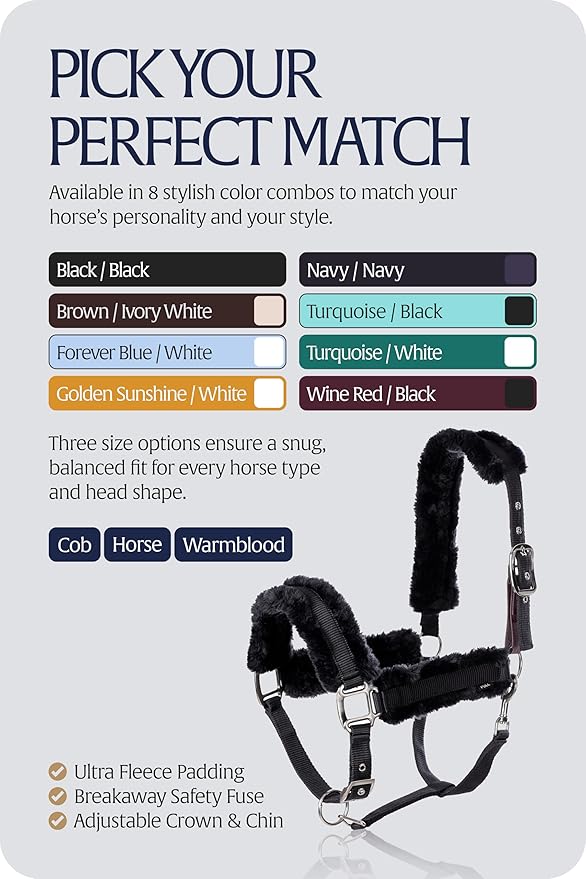 Equinavia Valkyrie Ultra Fleece Breakaway Horse Halter | Padded Fleece Adjustable Safety Halter with Nylon Webbing - Black/Black - Warmblood
