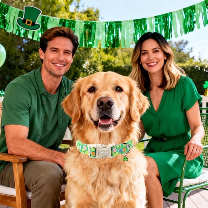 DOGWONG St. Patrick Dog Collar, Comfortable Adjustable Green Clover Pattern Dog Collar for Small Male Female Dogs,S