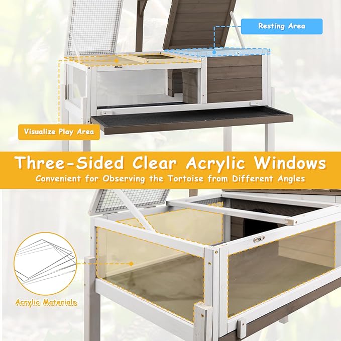 PetsCosset Tortoise Habitat Wooden Tortoise House, Indoor Turtle Enclosure Outdoor Reptile Cage with Removable Bottom, Light Support, Openable Roof (Tall Tortoise Habitat, Leakproof Tray)