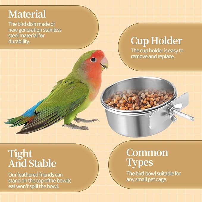 Bird Cage Feeder, Bird Feeder for Cage, 8 Pcs 10OZ Stainless Steel Parrot Food Water Bowls with Clamp Holder, Hanging Feeding Dish Cups for Cockatiel Parakeet Conure Budgie Lovebird Small Animal