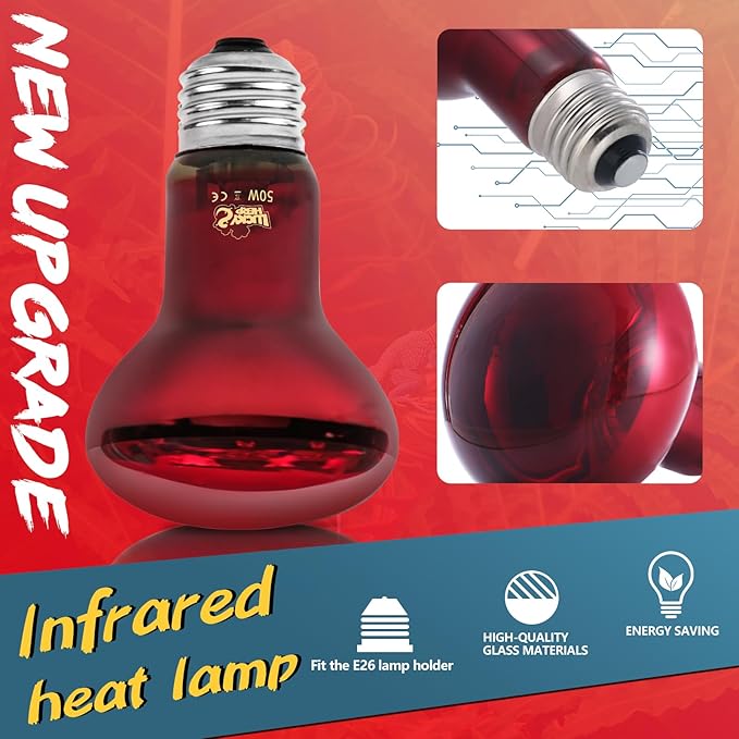 LUCKY HERP Infrared Heat Lamp 50W 2 Pack，Reptile & Amphibian Basking Spot Light Bulbs, Red Heat Lamp Bulbs for Reptiles, Bearded Dragon, Turtle, Lizard, Snake, Chicken