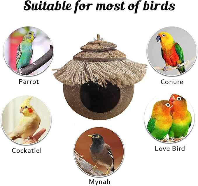 Tfwadmx Natural Coconut Fiber Hanging Birdhouse for Cage, Bird Shell Breeding Nest for Parrot, Parakeet, Lovebird, Finch, Canary, Small Animals House, Bird Hideout with Coconut Twine Decoration